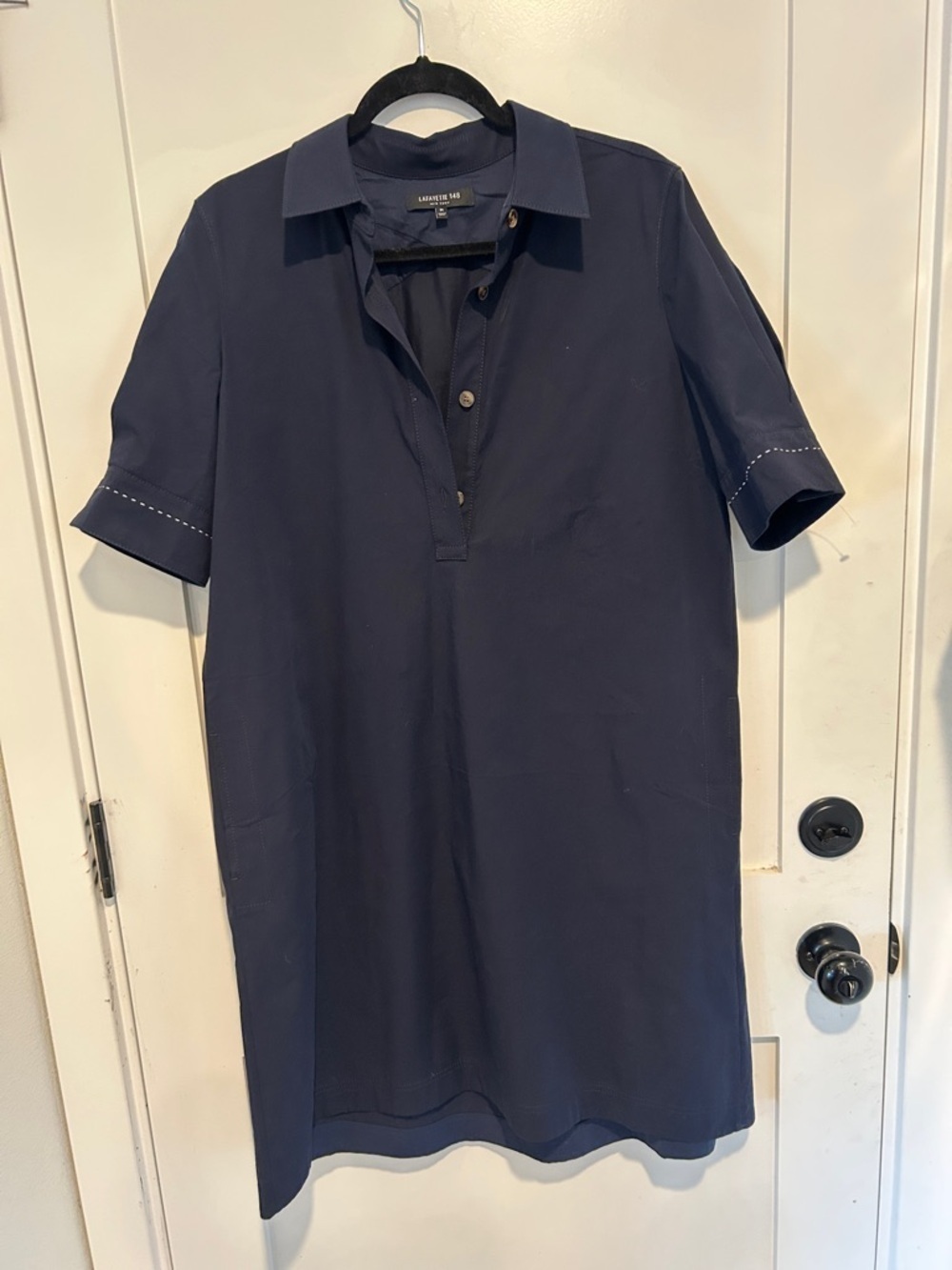 Lafayette 148 New York Navy Short-Sleeve Polo Dress white stitching on sleeve